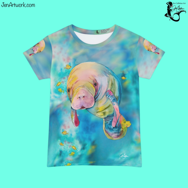 Manatee with Fish Shirt painting by Jen Callahan Art | Short Sleeve T-Shirt