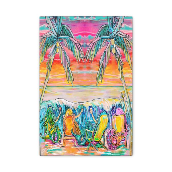 Jen Callahan Art | “Pink Palm Drunk Mermaids” Beach Decor Canvas Vacation Rental Art Print Colorful