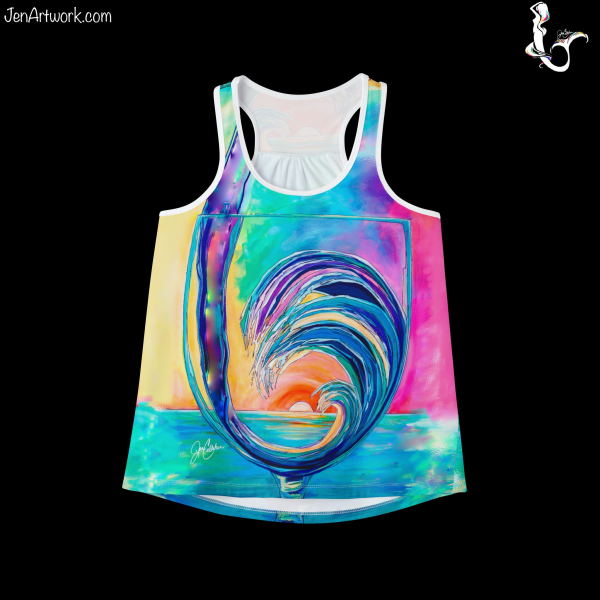 Wine Glass with Wave Sunset Racerback "Last Call" by Jen Callahan "NEW" Women's Cut Tank Top MADE IN USA Great Gift and Beach Fun Clothes