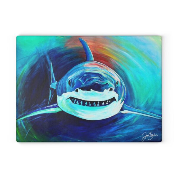 Shark Attack Great White Shark Painting by Jen Callahan designed into a Glass Cutting Board - 11"x15"