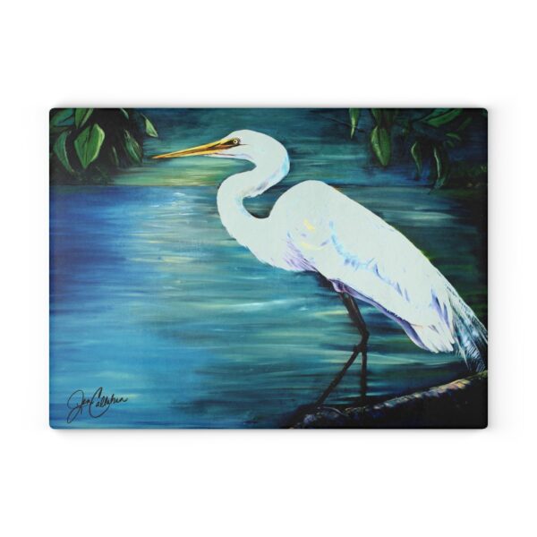 "Great White Egret oil" Bird Painting by Jen Callahan designed into a Glass Cutting Board -11"x15"