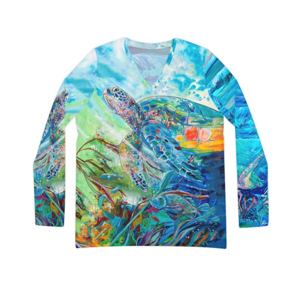 Double Sided shirts TURTLE TURTLE with two paintings in design WOW "Belize Turtle & Ocean Layers Turtle" Painting by Jen Callahan made into a Women's Long Sleeve V-neck Shirt