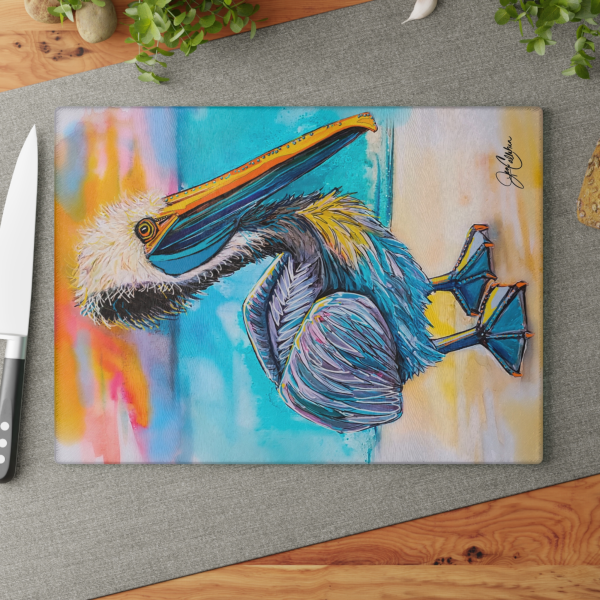 Stumpy Pelican Painting Glass Cutting Board | Decorative Hot Plate 11x15 or 8x11