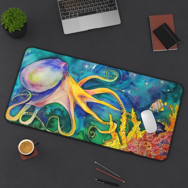 Octopus with Yellow Coral Desk Mat | Colorful Table Runner by Artist Jen Callahan