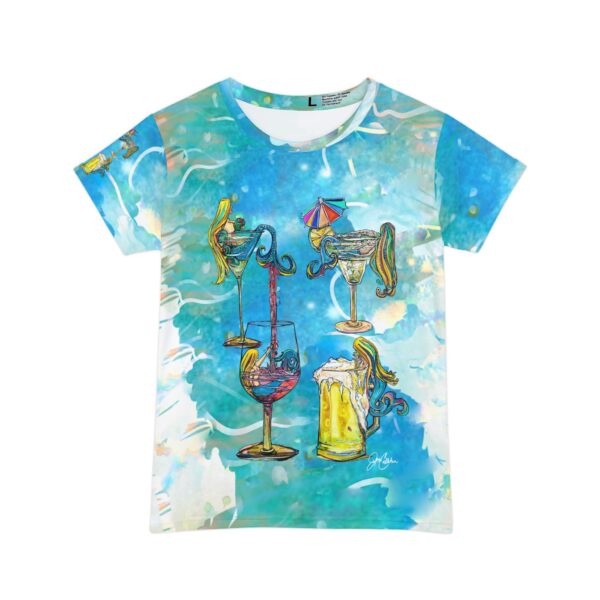 Mermaid T-Shirt BLUES Background “Drunk Mermaids” OLIVE, SALTY, ROSE & TIPSY made from Jen Callahan’s paintings into a Short Sleeve Shirt