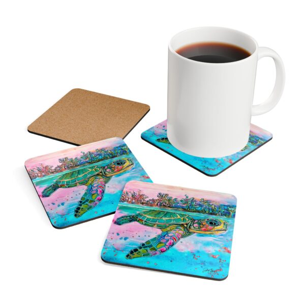 "First Journey" Baby Sea Turtle by Jen Callahan / into a 4pcs Corkwood Coaster Set - So Cute!