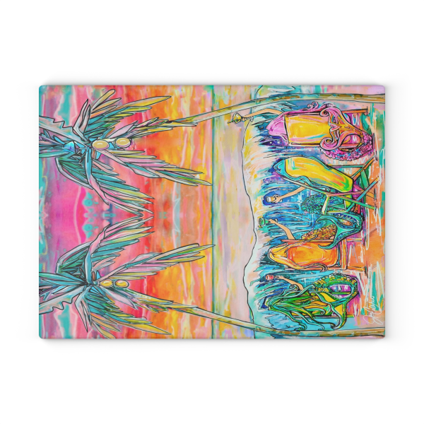 "Drunk Mermaids on Vacation" Mermaid Painting by Jen Callahan designed into a Glass Cutting Board - 11"x15"