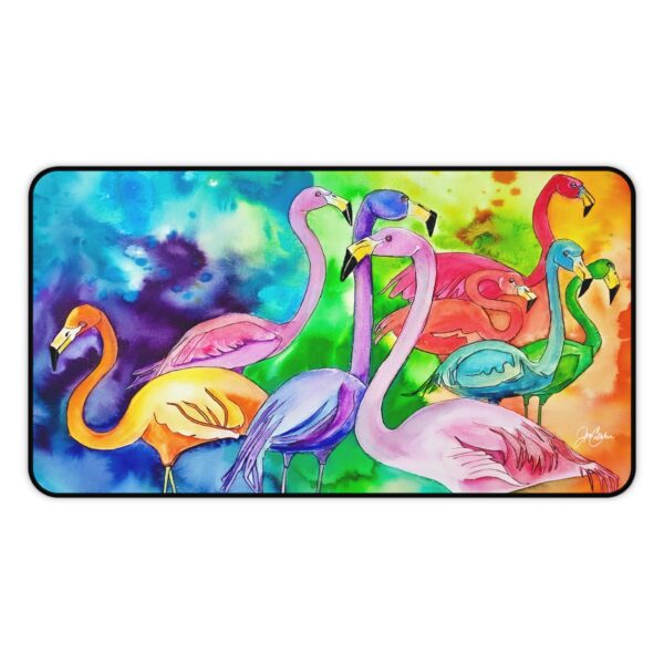 Flamingo Color Explosion Desk Mat | Watercolor Splash Painting by Jen Callahan