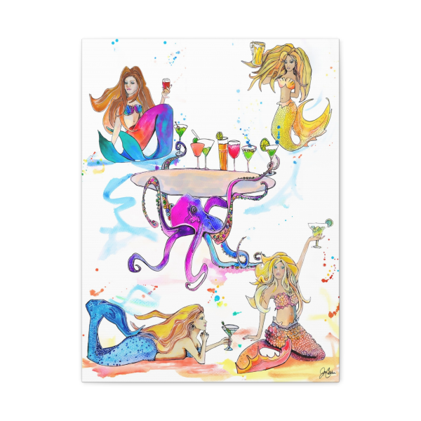 Drunk Mermaid Combo Drinking Mermaids and Serving Octopus — Jen Callahan Art, Gallery-Wrapped Matte Canvas