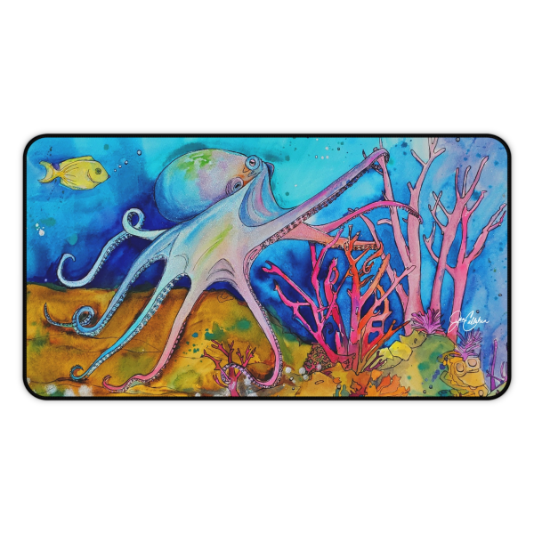 "Octopus Becoming The Reef" by Jen Callahan - Desk Mat | Coffee Table | Table Runner | Guest Room Night Stand Colorful Octopus Underwater Coral Scene
