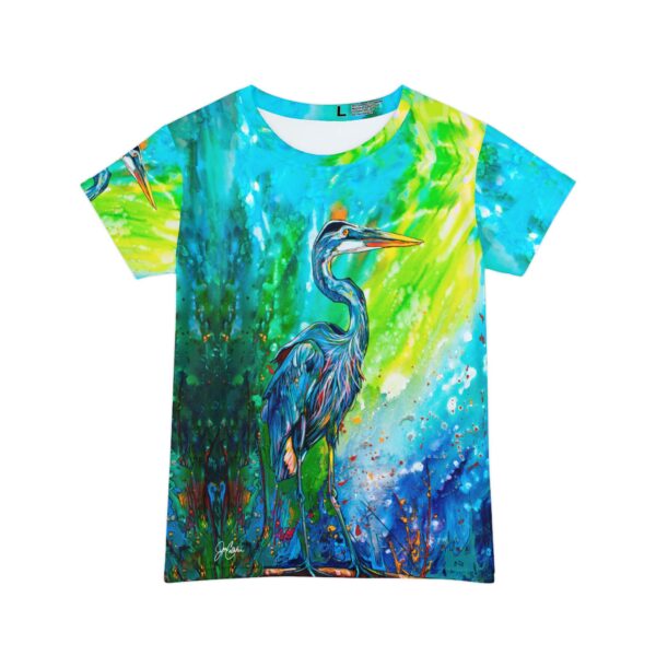 Blue Heron Egret BIRD T-shirt made from Jen Callahan’s "Heron Sunrise" paintings into a Short Sleeve Shirt