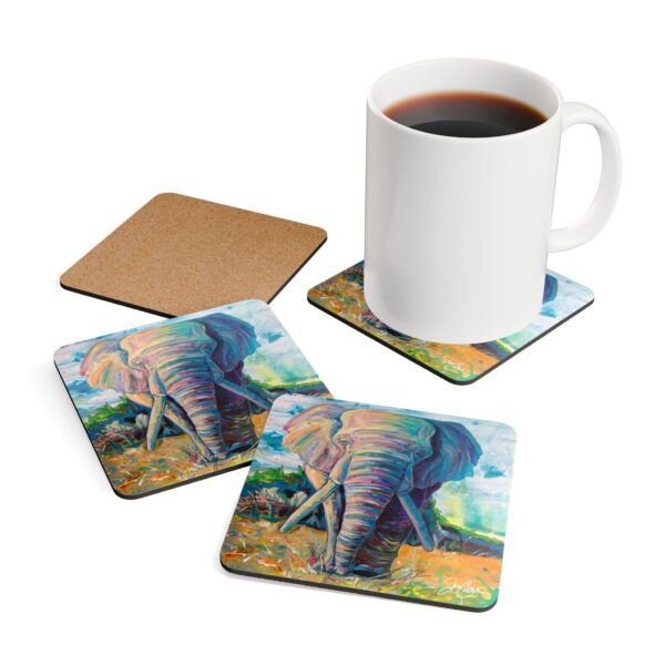 Elephant Journey Corkwood Coaster Set — 4pc Cute Elephant Art Coasters