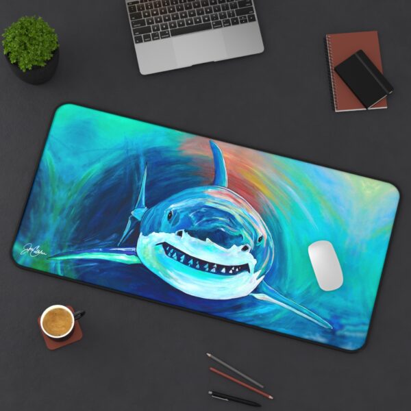 Shark Attack Desk Mat | Coastal Ocean Decor Table Runner | Colorful Beach House Accent by Artist Jen Callahan Original Painting